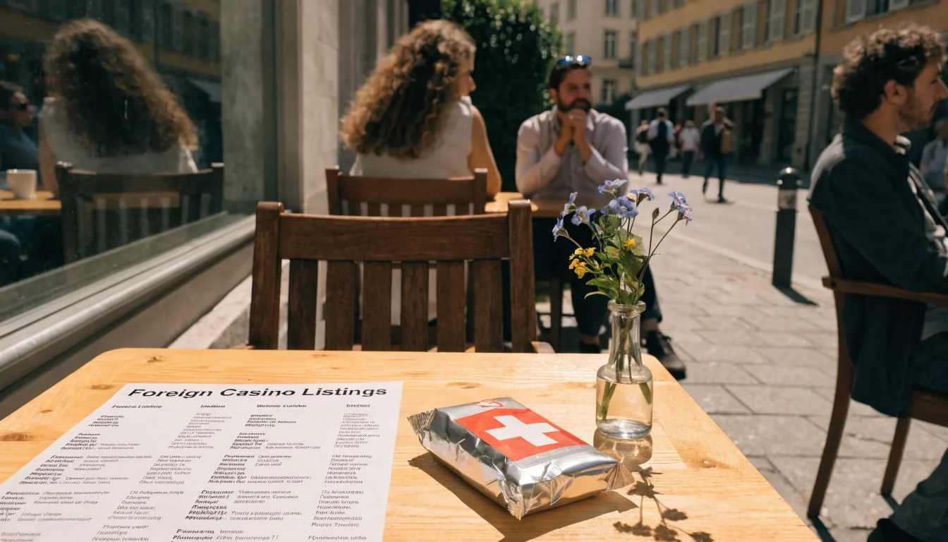Café‑Tisch mit ausländischem Flyer und Schweizer Schokolade.