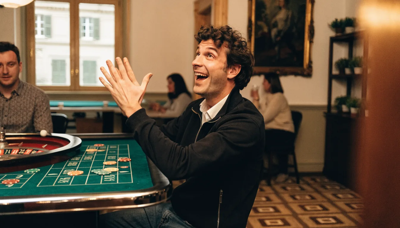 Glücklicher Spieler am Roulettetisch mit Chips.